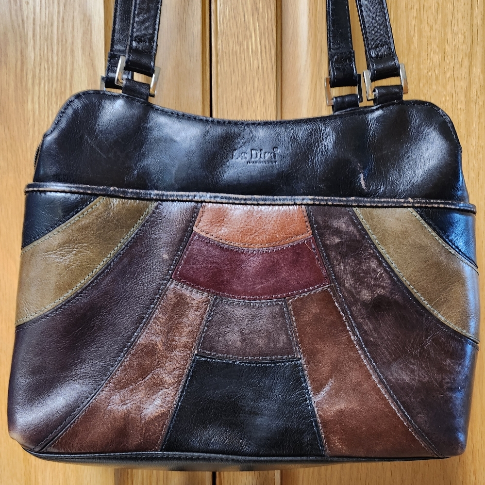 Genuine Italian Leather LaDiva Black Browns Patchwork Hand Shoulder bag